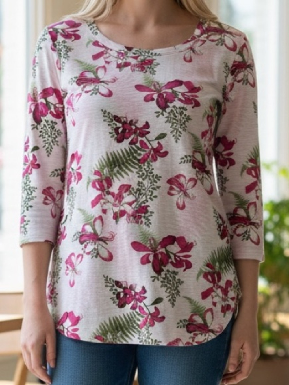 Tommy Bahama Pink Floral  3/4 Sleeve Blouse Size Large